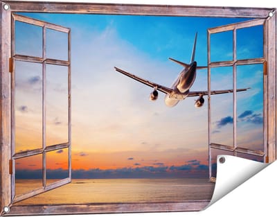 Gards Tuinposter Doorkijk Vliegtuig Boven de Zee bij Zonsondergang - 90x60 cm - Tuindoek - Tuindecoratie - Wanddecoratie buiten - Tuinschilderij