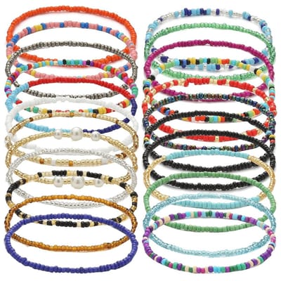 Allecto - Boho-enkelbandjes - Handgemaakte kralenarmbanden - Multicolor - Kralenvoetsieraden - Geschikt voor strandvakanties - 24 stuks