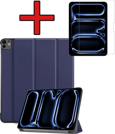 Hoesje - Geschikt voor Apple iPad Pro (2024/2025) - 11 inch - Met Screenprotector - Hardcover Book Case - Trifold Bookcase Hoes - Hard Cover - Tablethoes - Donkerblauw