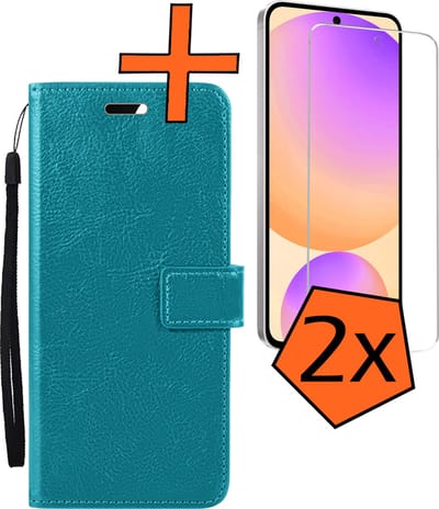 Hoes - Met 2x Screenprotector - Geschikt voor Samsung Galaxy S24 FE - Luxe Pasjeshouder - Bookcase Portemonee - Flip Case - Kunstleer Book Case - Flipcase Hoes - Book Cover - Walletcase - PortemonneeHoes - Turquoise