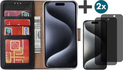 Hoesje met Privacy Screenprotectors 2 Stuks Geschikt voor iPhone 15 Pro Max – Arara bookcase met pasjeshouder - Zwart