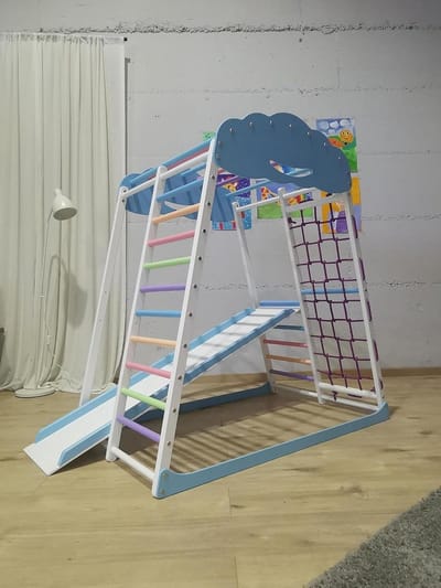 Sportklimwand Kinderen - Speelhuis Gym - Binnen Spelen - Natuurlijke Materialen - 130 cm Hoog - Blauw Rood