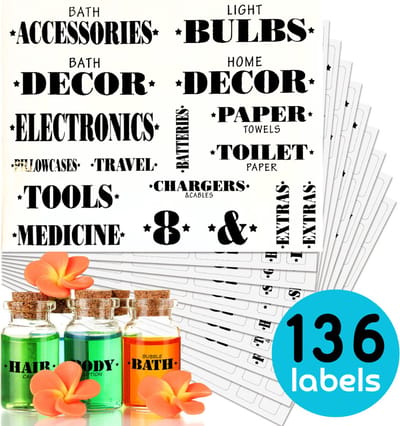 Label Stickers voor Voorraadkast, Kantoor, Badkamer, Beddengoed etc. Transparante Etiketten - Huishoud organisatie - Engels