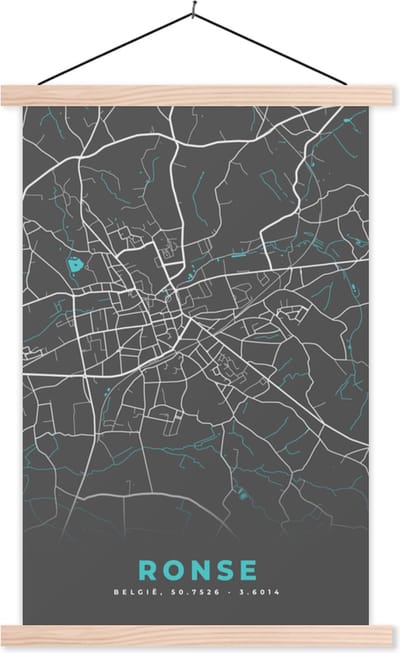 Posterhanger incl. Poster 40x60 cm - Schoolplaat - België – Ronse – Stadskaart – Kaart – Blauw – Plattegrond - Textielposter - Blanke latten - Stadskaart