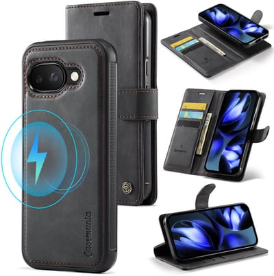 Casemania Hoesje Geschikt voor Google Pixel 9a - Charcoal Gray - 2 in 1 Magnetische Book Case met Uitneembare Back Cover - Geschikt voor MagSafe - Telefoonhoesje met Pasjeshouder