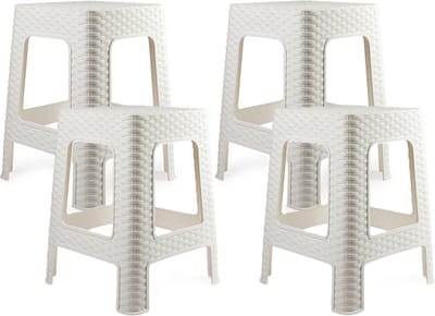 Plasticforte zit/bijzet krukje - 4x - Rotan line - wit - kunststof - 36 x 36 x 45 cm - opstapje