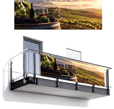 Balkonscherm 300x100 cm - Balkonposter Wijn - Druiven - Heuvels - Landschap - Balkon scherm decoratie - Balkonschermen - Balkondoek zonnescherm