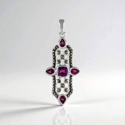 Cavill - Zilveren Hanger met 1,503 ct Braziliaanse Rhodoliet & Marcasiet - 925 Sterling Zilver - Antiek Kussen & Peervormig Elegant