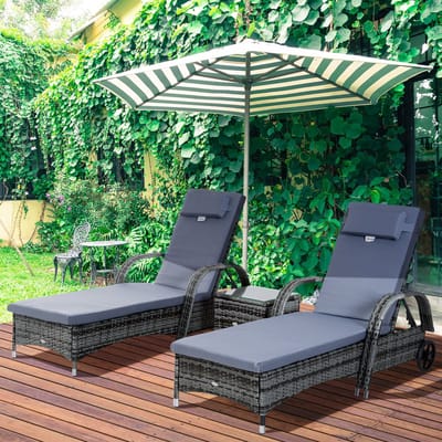 MODFU - 3-Delige Tuinligbedden Set - Verstelbare Rugleuning En Wielen - Met Bijzettafel - Voor Buiten - Metaal En Polyrattan - Grijs