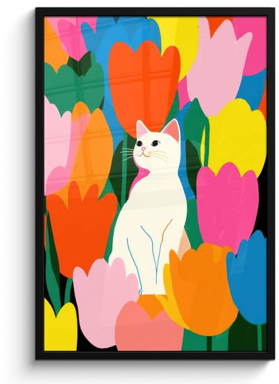 Poster in lijst - Fotolijst 60x90 cm - Posters - Tulpen - Kat - Kleurrijk - Posterlijst zwart - Decoratie - Wanddecoratie woonkamer - Muurdecoratie slaapkamer