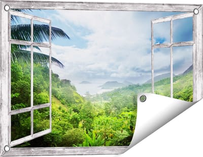 Gards Tuinposter Doorkijk Jungle Uitzicht op de Seychellen - 60x40 cm - Tuindoek - Tuindecoratie - Wanddecoratie buiten - Tuinschilderij