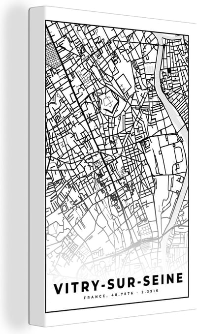 Canvas Schilderij Stadskaart - Plattegrond - Kaart - Vitry-sur-Seine - Frankrijk - Zwart wit - 20x30 cm - Wanddecoratie