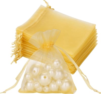 Organza Zakjes - 100 Stuks - Cadeauzakjes - Gaaszakjes - Sieradenzakjes - 9x7cm - Feestzakjes - Met Trekkoord - Geschenkzakje - Geurzakjes - Snoepzakjes - Voor Bruiloft en Feest - Voor sieraden, snoepgoed, kleine cadeautjes, bruiloftsfavors - Goud