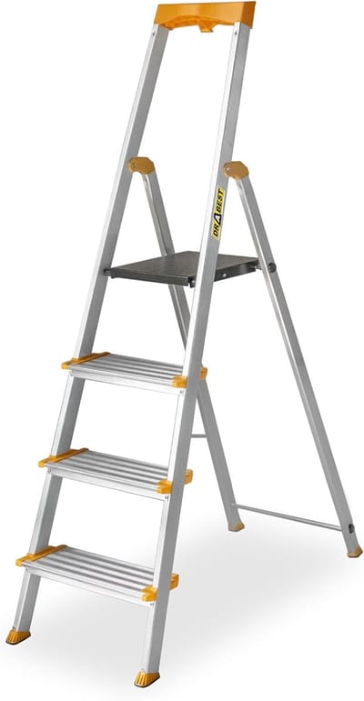 Opvouwbare ladder - Huishoudtrap aluminium - Klusklare klussen - Met gereedschapsplank - 4 treden - Zilver