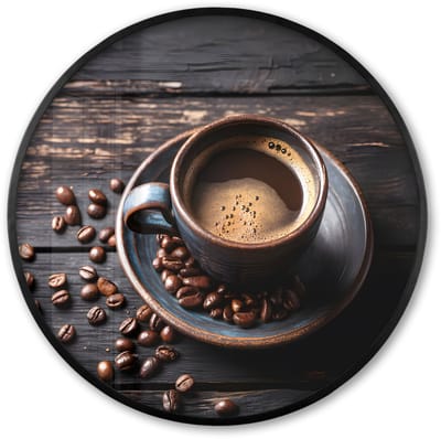 Poster in lijst Rond - Fotolijst 60x60 cm - Posters - Kop - Koffie - Hout - Bonen - Ronde posterlijst zwart - Decoratie - Wanddecoratie woonkamer - Muurdecoratie slaapkamer