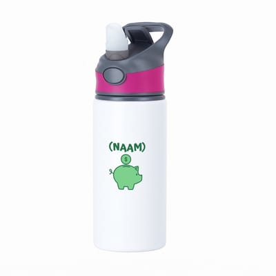 Hacebo® - Groene piggy bank met eigen naam waterfles met rietje roze - Varken - iemand die van geld houdt - cadeau voor iemand die houdt van geld - verjaardagscadeau - gift - geschenk - water fles - 650ML