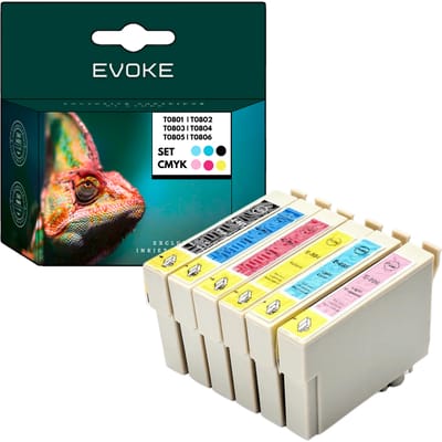 Evoke Compatibele Inkt voor Epson T0801 T0802 T0803 T0804 T0805 T0806 80XL 6X: Zwart, Cyaan, Magenta, Geel, Lichtcyaan, Lichtmagenta 85 ml 2850 Pagina's Stylus Photo P50, Px650 660 700W 710W 720Wd