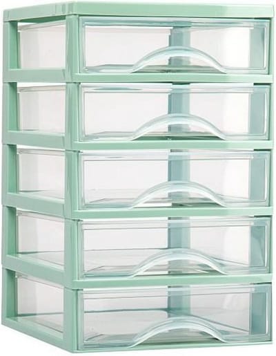 Plasticforte Ladeblokje/bureau organizer 5x lades - mintgroen/transparant - L18 x B21 x H28 cm - plastic