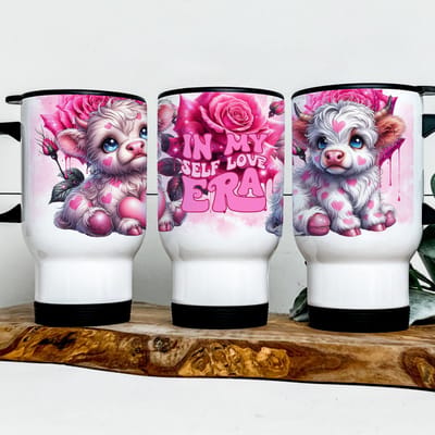 Creasowl® - Koffiebeker to go thermosbeker - Hoogland koe met tekst in my selflove era travel mug 415ml met deksel en zwart handvat - Handgemaakt - Koffie beker - travel cup - theebeker