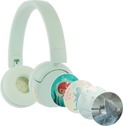 BuddyPhones PopFun Koptelefoon Kinderen - Kinder Koptelefoon Draadloos – Volumelimiet 84/95 dB – 24 uur batterijduur – Bluetooth Hoofdtelefoon - Ingebouwde microfoon - Inclusief Leuke Stickers - Groen
