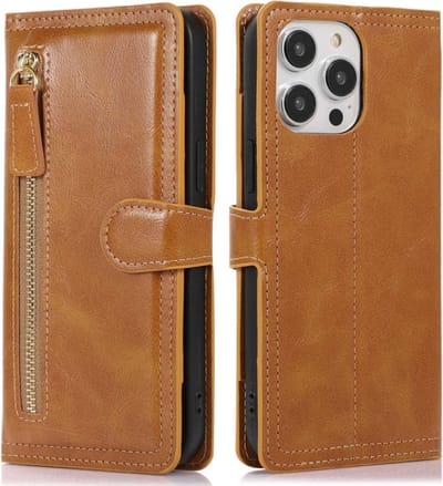 Premium vintage portemonnee hoesje met ritssluiting flip-cover hoes met kaarthoudersleuven Geschikt voor: Apple iPhone 15 - licht bruin