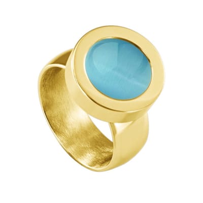 Quiges RVS Schroefsysteem Ring Goudkleurig Glans 17mm met Verwisselbare Cat's Eye Blauw 12mm Mini Munt