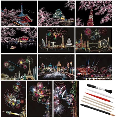 Cosensi- Kraspapier 12-delige Set - Urban Kraspapier - Magisch Kraspapier - Stiftset - Zwart - Hoogwaardig Materiaal - Kraskaarten