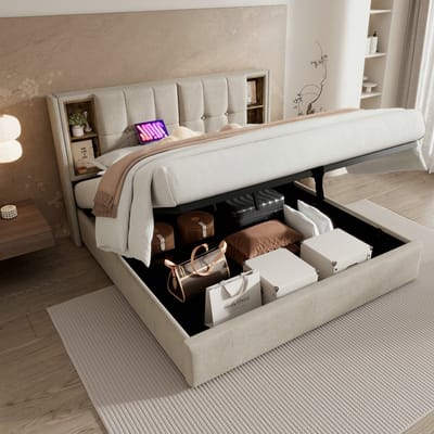 VVBV Gestoffeerd Opbergbed 140x200 cm - Opbergruimte, Lades, USB, Draadloos Laden, Lattenbodem, Houten Lattenbodem - Hout