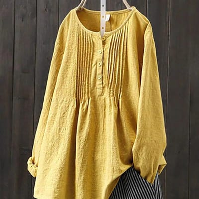Dames Herfst All-match Lange Mouw O-hals Casual Losse Shirt Retro Harajuku Effen Kleur Katoen en Linnen Shirt Grote Maten Tops XXXXXL brown