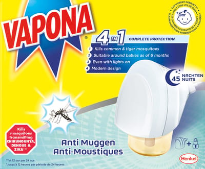 Vapona Anti Muggenstekker - Tegen Muggen en Tijgermuggen - Effectieve Bescherming - Duurzaam - Insectenbestrijding - 45 Nachten