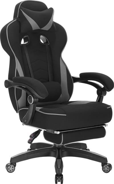 BukkitBow - Racing Fabric Gaming Stoel met Rug/Nekkussen en Voetensteun (49CM Hoog) - Grijs