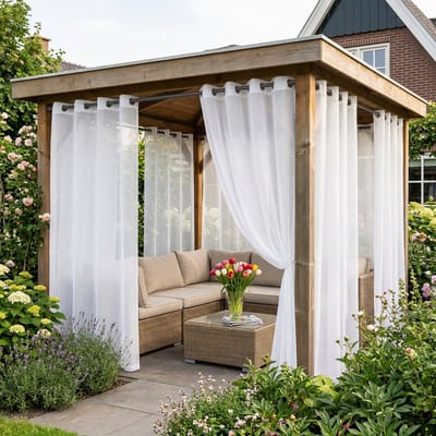 Qelus Vitrage Transparant Buitengordijn Waterdicht Lichtdoorlatend - Outdoor Gordijn met Ringen - Scheidingsgordijn voor tuin, raam, veranda en binnenplaats - 132x244cm - Wit - 1 Stuk
