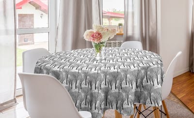 ABAKUHAUS winterronde tafelkleed, Abstracte bosvogels, cirkelvormige tafelkleedhoes voor eetkamerkeukendecoratie, 150 cm, zwart-wit