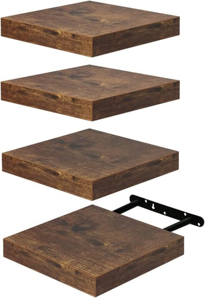 Set van 4 zwevende planken, compact 20 x 20 cm, MDF wandplanken voor badkamer, keuken en hal, vintage bruin, ruimtebesparend en decoratief