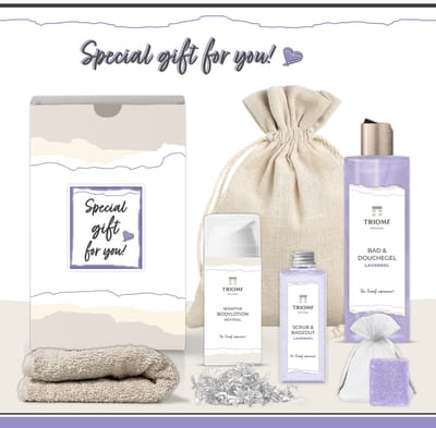 Geschenkset “Special Gift for You!” - 6 producten - 650 gram - Triomf Cosmetica | Lavendel Giftset voor haar Cadeautje Speciaal voor jou Cadeaupakket Geschenk Vrouw Gift Woman Thanks Verjaardag Birthday Vriendin Girlfriend Cadeau Pakket Set Paars