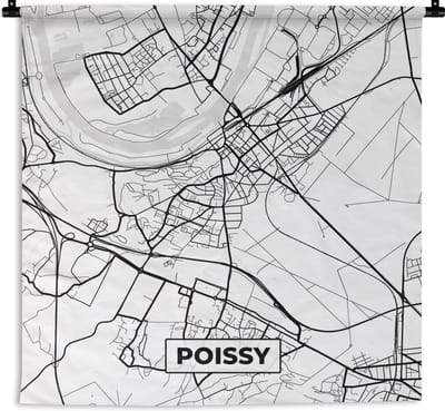 Wandkleed - Wanddoek - Kaart - Stadskaart - Frankrijk - Poissy - Plattegrond - Zwart wit - 180x180 cm - Wandtapijt