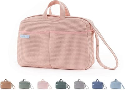 Crossbody maternity bag for pram and hospital, practical and stylish large capacity organisation bag, made in Spain., pastel pink