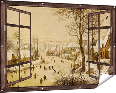 Gards Tuinposter Doorkijk Winterlandschap met Schaatsers en Vogelknip - Pieter Bruegel de Oude - 150x100 cm - Tuindoek - Tuindecoratie - Wanddecoratie buiten - Tuinschilderij