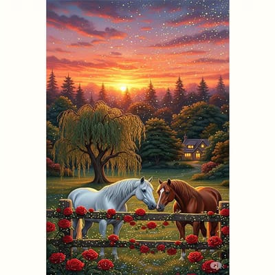diamond painting paarden staan met elkaar te praten 30 x 40 cm met veel mooie kleuren er om heen