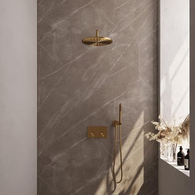 Brauer Gold Carving Thermostatische Regendoucheset Inbouw - Hoofddouche 30 cm - Gebogen Wandarm - Met Drukknoppen - Handdouche Staaf - Doucheslang - Wandaansluitbocht - Geborsteld Goud