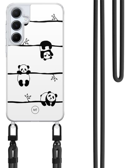 Hoesje met koord geschikt voor Samsung Galaxy A35 5G - Panda - Inclusief Zwart koord - Crossbody beschermhoes - Transparant, Zwart, Wit - Mooie Telefoonhoesjes