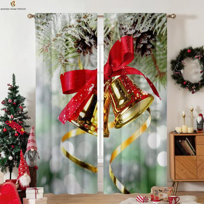 Kerstman Bel Cartoon Bedrukte Gordijnen Polyestervezel Kinderkamer Restaurant Feest Raamdecoratie Gordijnen 2 Stuks W50xH130(CM)x2PCS&Rod pocket red