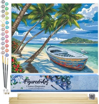 Figured'Art Schilderen op Nummer Volwassenen canvas Boot onder de palmbomen - Handwerk acrylverf Kit DIY Compleet - 40x50cm met DIY houten lijst