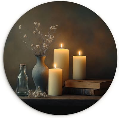 WallCircle® Wandcirkel 120x120 cm - Muurcirkel Kaarsen - Stilleven - Rustiek - Boeken - Muurdecoratie woonkamer - Wanddecoratie slaapkamer - Kamer decoratie accessoires - Ronde schilderijen XXL