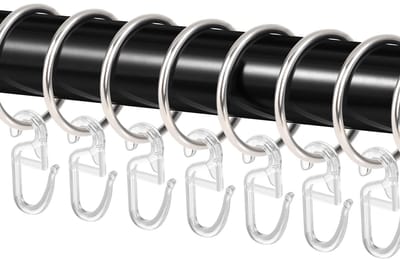 50 stuks metalen gordijnringen, zilveren gordijnringen, douchegordijnringen, met 50 stuks kunststof gordijnhaken voor ramen, deur, douchegordijnen, 32 mm binnendiameter - zilver