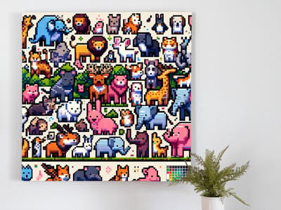 Pixel art dieren schilderij | Magische fauna: Betoverende pixelkunst vol leven en kleurrijkheid | Kunst - 60x60 centimeter op Dibond | Foto op Dibond