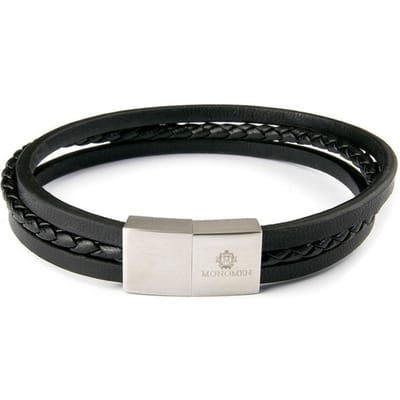 Monomen Men's Black Leather Triple Strap Silver Clasp Bracelet MM10792