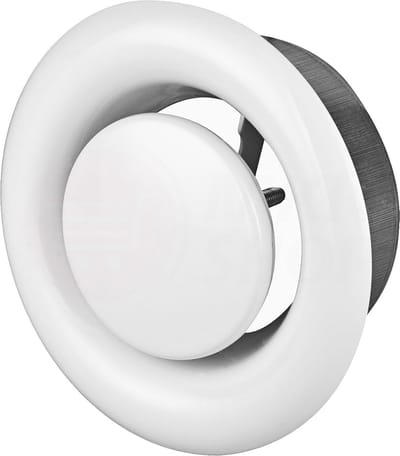 Anemostaat voor Afvoerlucht 100 mm – Wand en Plafond – Traploze Luchtregeling – Wit Gepoedercoat – Ventielplaat Regelbaar