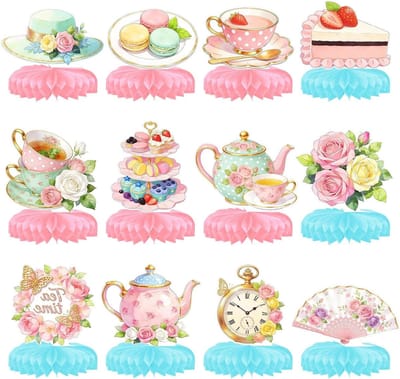 12 stuks bloemige theekransdecoraties - Honingraatballen als tafeldecoratie | Vintage elegante theepot-, klok- en ventilatorontwerpen | Eenvoudig op te zetten kartonnen decoraties als bedankjes voor