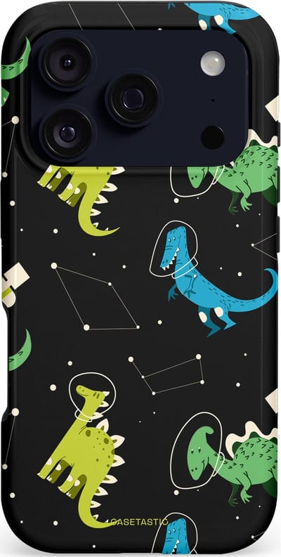 Casetastic hoesje geschikt voor Apple iPhone 17 Pro - MagSafe - Dubbellaagse bescherming - Dino in de sterren - Fashion Case - Zwart Groen Blauw